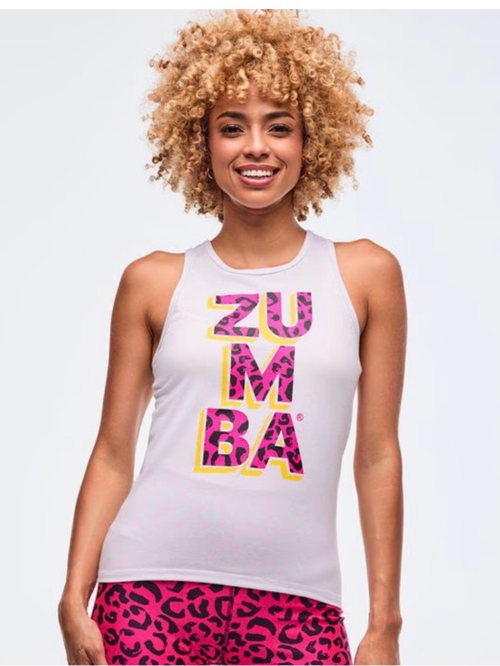 Zumba Fitness White Racerback Tank with Pink & Yellow Leopard Logo